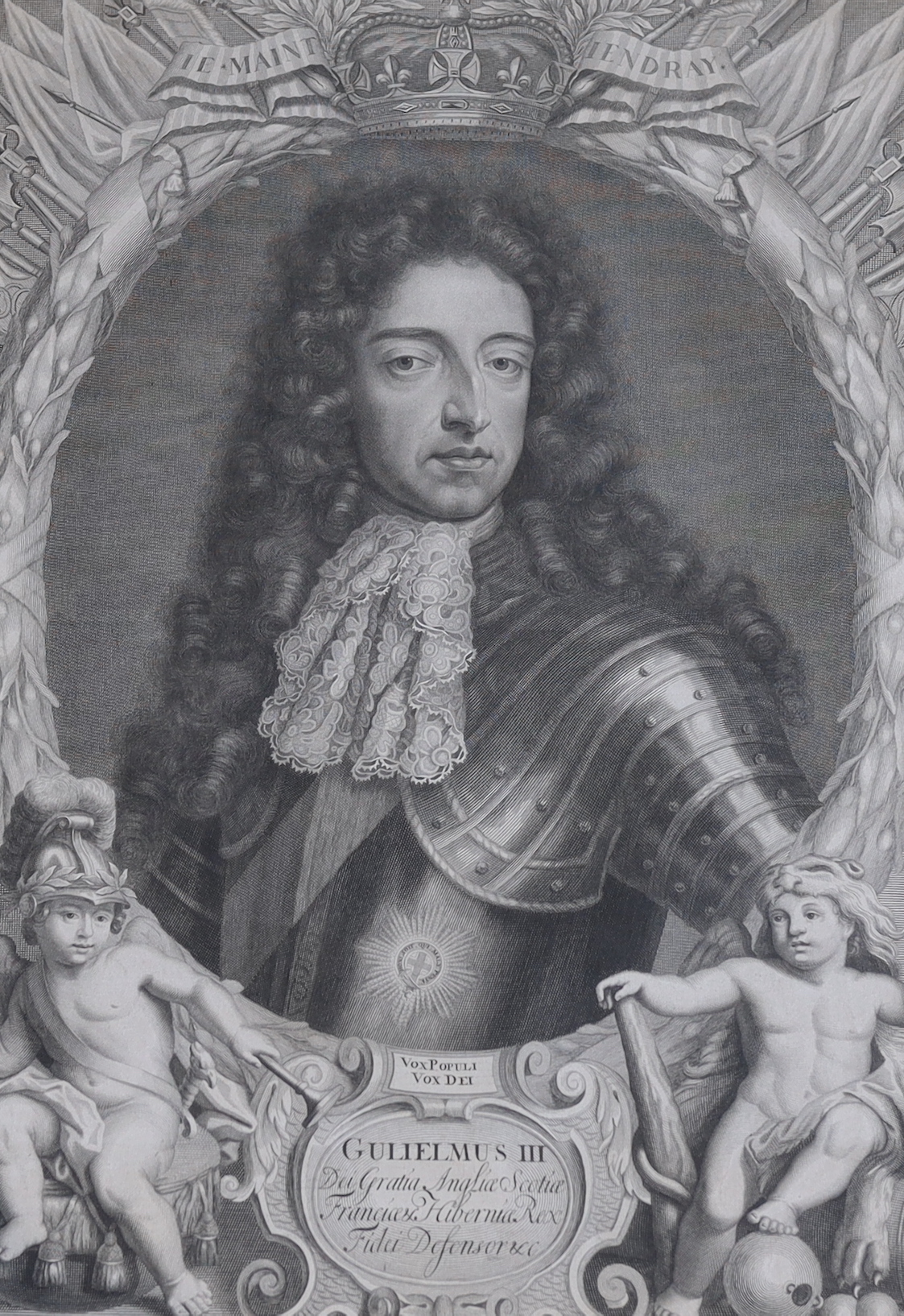 Gerard Valk after Sir Godfrey Kneller, copper engraving, 'Gulielmus III', visible sheet 56 x 41cm, label from Sanders of Oxford verso